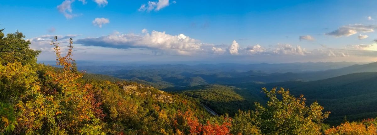 The colorful fall leaves in the Blue Ridge Mountain range that stretches for miles.