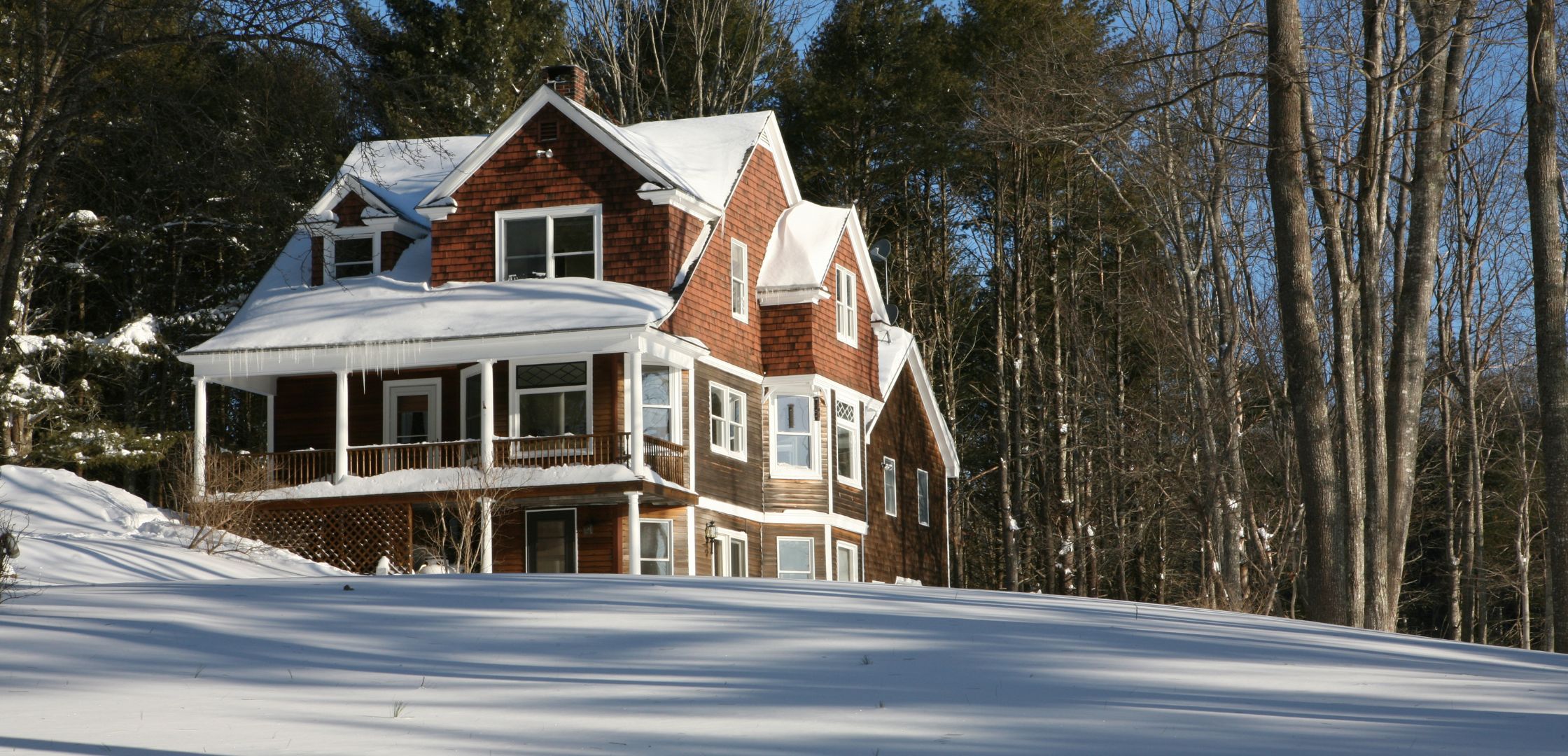 A large house in the forest is covered in a thick blanket of snow, with a yard full of snow surrounding it.